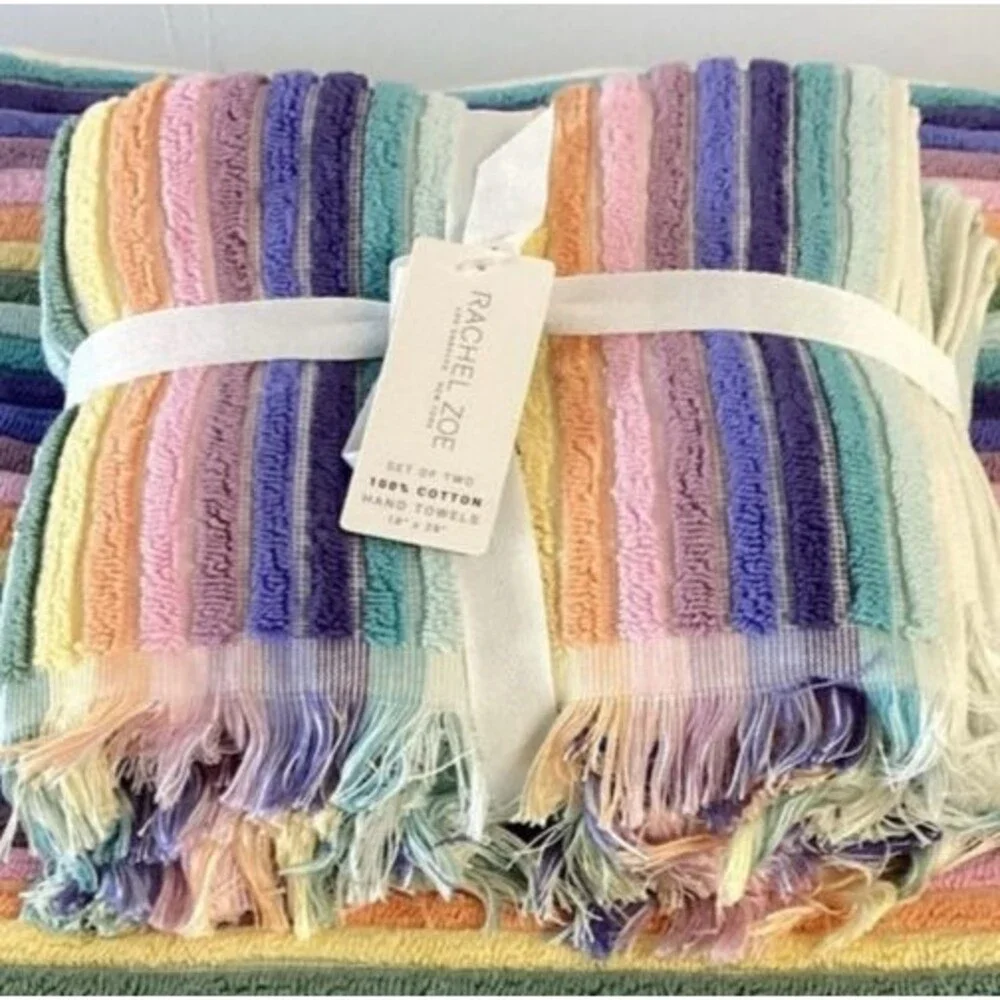 Rachel Zoe Rainbow Pride Striped Hand Towels Fringed College Dorm Room Set of 2